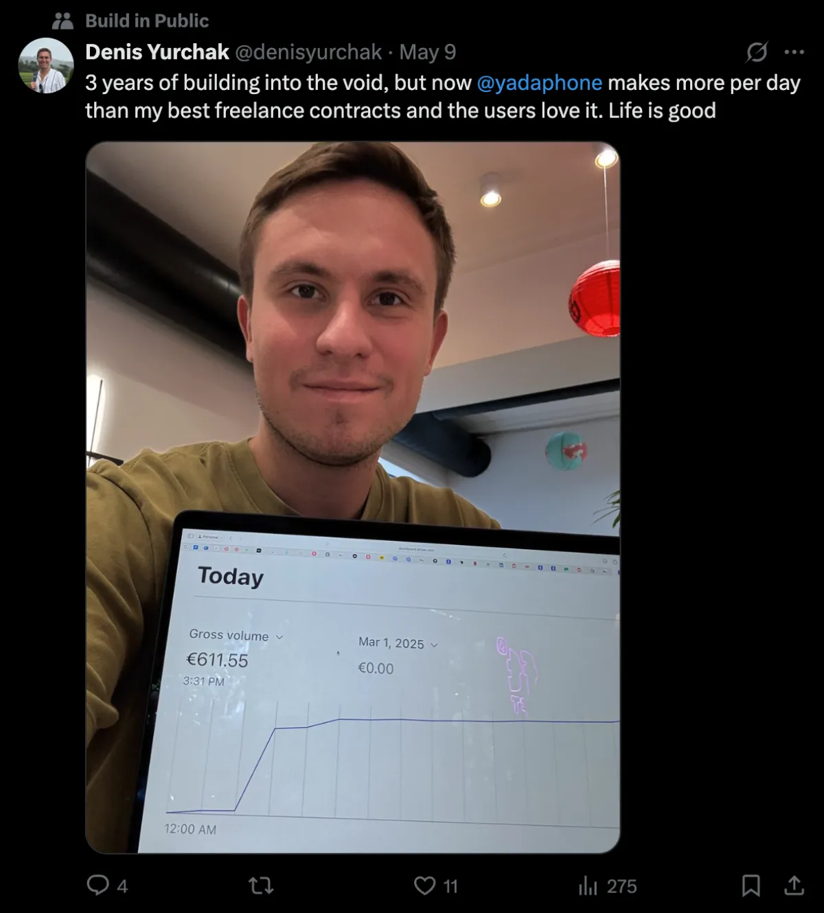 Denis Yurchak shows off his MRR on X